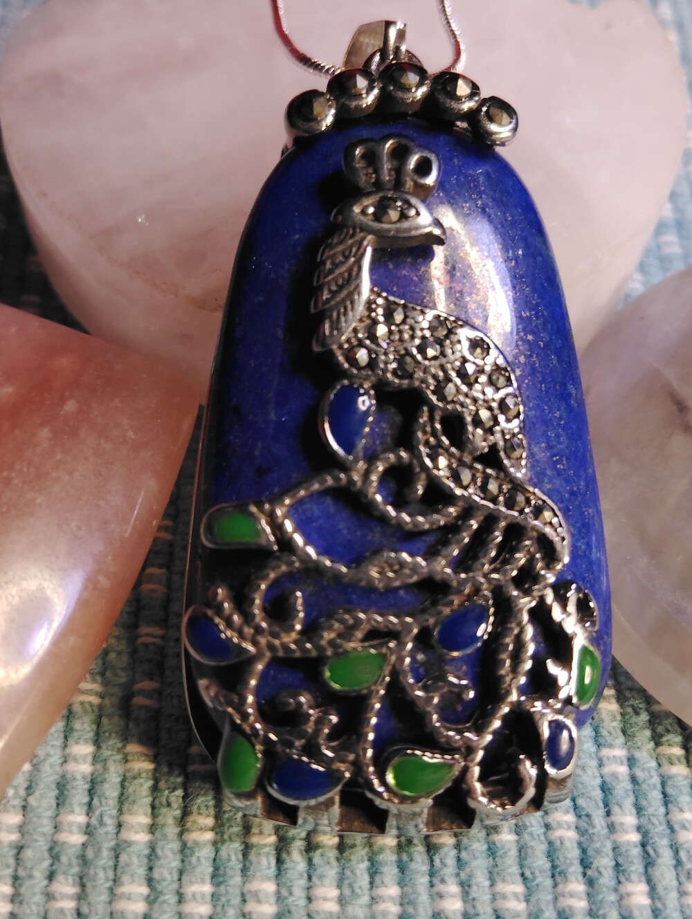 ELONGATED- LAPIS LAZULI / MARCASITE, & ENAMELED PENDANT, ON 18" STERLING CHAIN.